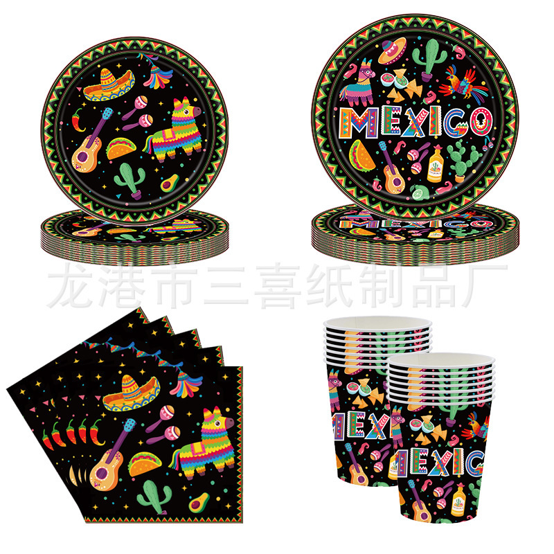 New Mexican Carnival Party Tableware suit Carnival Holiday Party Paper Plate Tissue Tablecloth Party Decoration