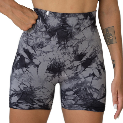Eurasian seamless high-waist slimming yoga fitness three-quarter shorts peach-shaped buttock-lifting tie-dye sports tight pants