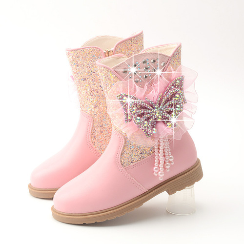 Autumn and winter children's boots autumn and winter new Elsa princess boots baby plus velvet two-cotton children's shoes bow girls' short boots