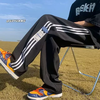 春秋季休闲裤子男条纹运动长裤宽松阔腿长裤复古高街vibe风直筒裤