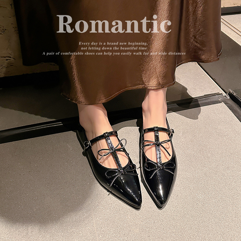 Zapatos Mary Jane planos de punta fina con doble lazo para mujer, ideales para fiestas, al mismo estilo para una noche elegante.