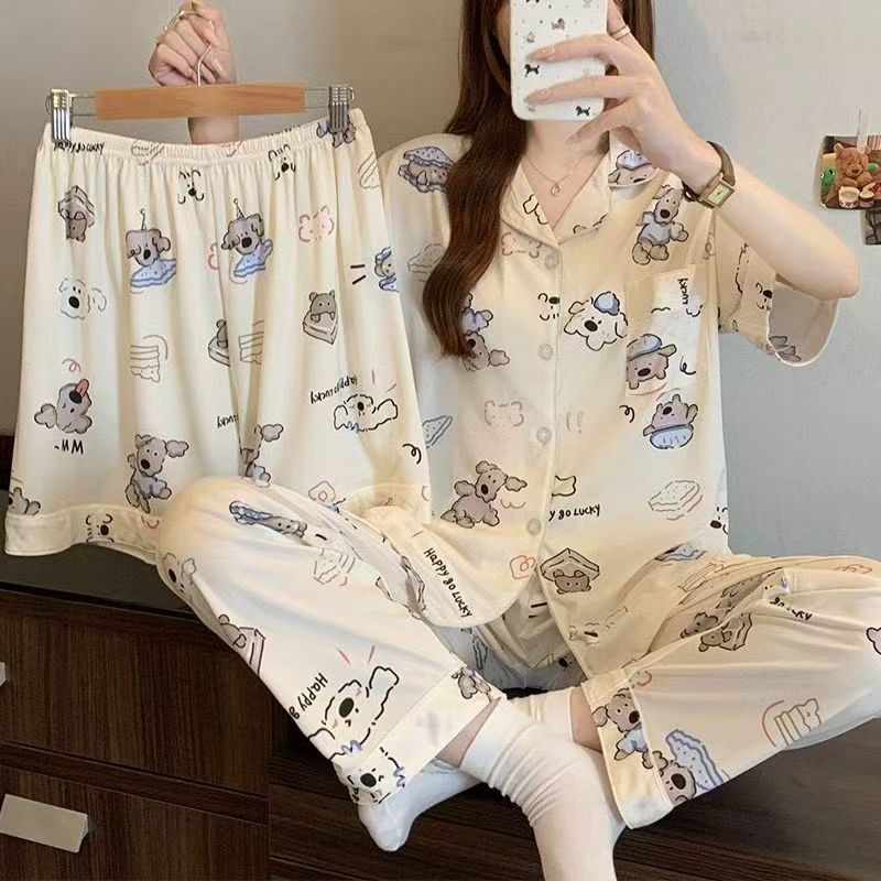 Pijamas de verano de las mujeres delgados pantalones de manga corta cardigan conjunto de tres piezas popular en línea nuevo traje de desgaste de casa de verano image 44