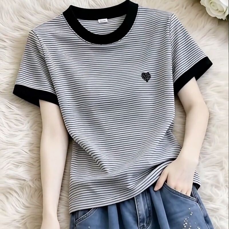 Short-Sleeved T-Shirt for Women 2026 Summer New Style Round Neck Elegant Slim Fit Half-Sleeve Exquisite Striped Embroidered Trendy Blouse