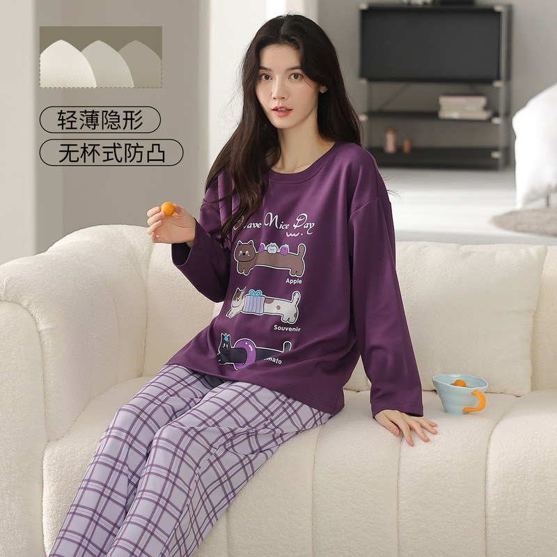 带胸垫棉拉架睡衣女秋季圆领套头长袖长裤居家休闲宽松少女可外穿|undefined