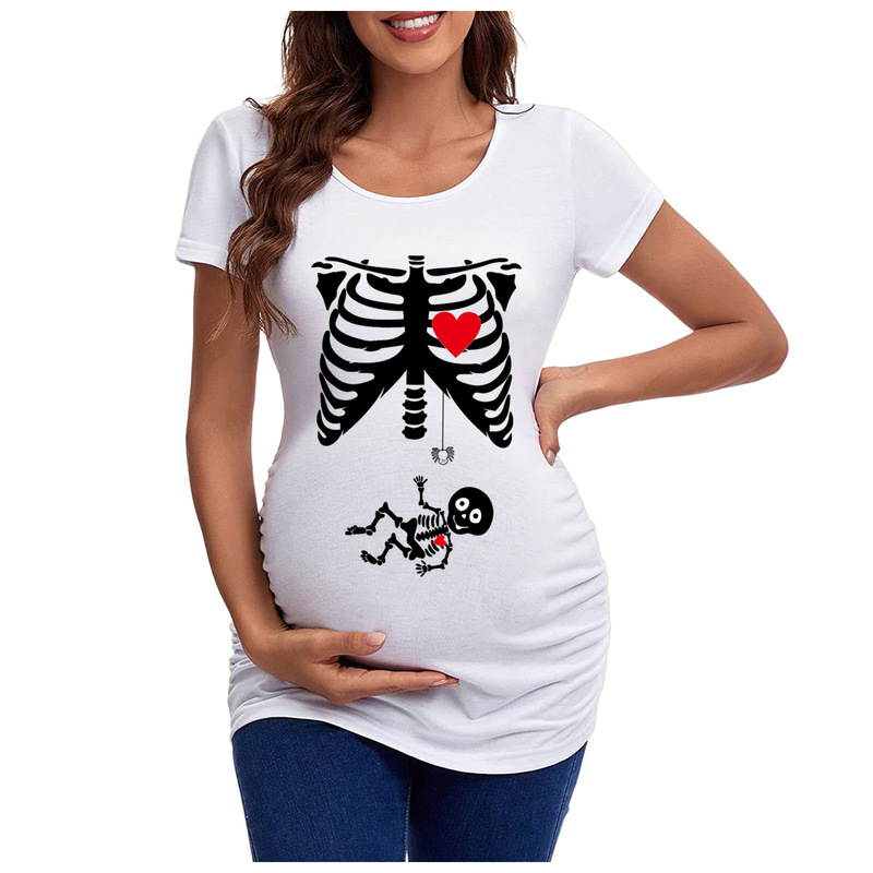 White Loose Summer and Autumn European and American New Ghost Head Skull Halloween Maternity Top Spoofs European and American T-Shirt White Loose Summer and Autumn European and American New Ghost Head Skull Halloween Maternity Top Spoofs European and American T-Shirt