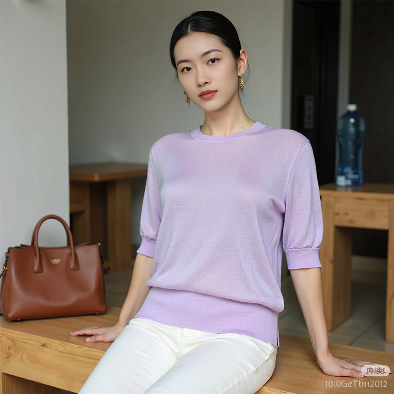 Ai [Self-Retained] Lenzing Tencel Triacetate Cool Slimming Easiest for Match Round Neck Knitted Short Sleeve T-Shirt Top for Women