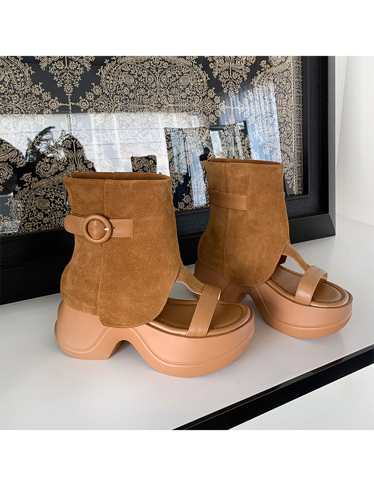 Boot sandal hở mũi gót vuông đế dày da lộn khóa kéo sau — Màu caramel, màu mơ chi tiết 25