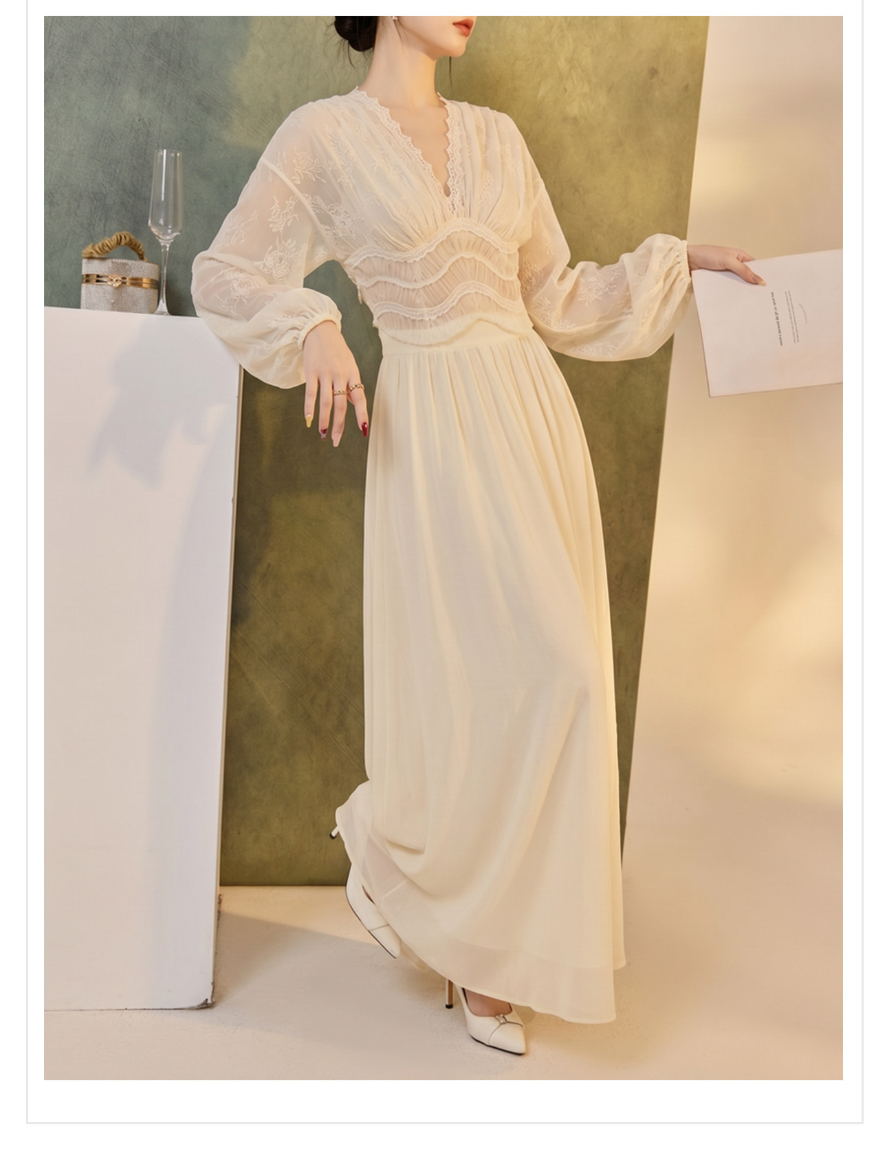 Váy maxi ren thêu lưới tay phồng lồng đèn cổ V thắt lưng dáng suông — áo, bộ đồ, nửa váy chi tiết 12