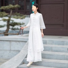 2024春秋新款茶服改良汉服女复古显瘦旗袍连衣裙阔腿裤套装中国风