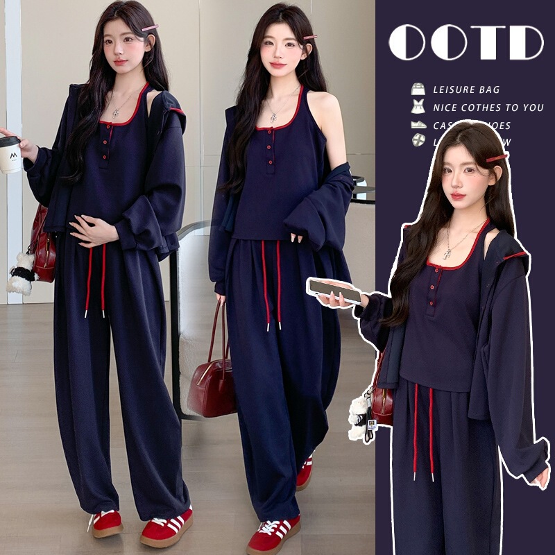 Maternity wear for spring and autumn, new navy blue sports suit, three-piece set: vest + jacket + wide-leg pants, conceals belly and looks slimming