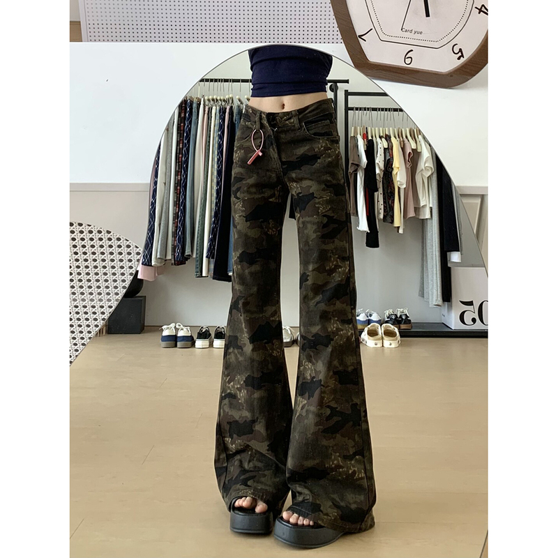 American Retro Camouflage Workwear Flared Jeans for Women, Summer Low-Rise, Non-Tight, Bootcut, Floor-Length Pants