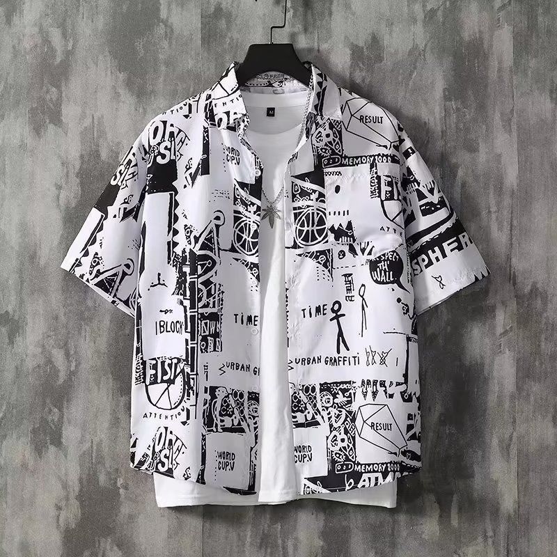 日系复古印花短袖衬衫男潮牌字母衬衫宽松休闲百搭薄款短袖衬衣