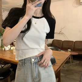 美式简约光版基础款撞色插肩短袖T恤夏季新款小众上衣短款打底衫