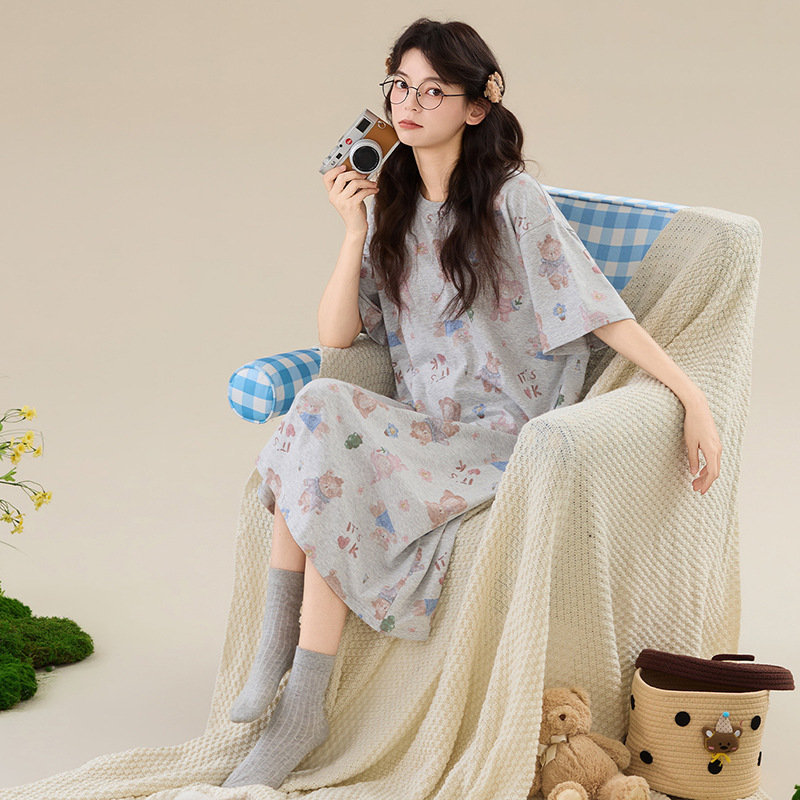 Antibacterial Nightgown for Women Summer Pure Cotton 2026 New Style Maternity Short-Sleeved Round Neck Plus Size Cartoon Panda Mid-Length Skirt