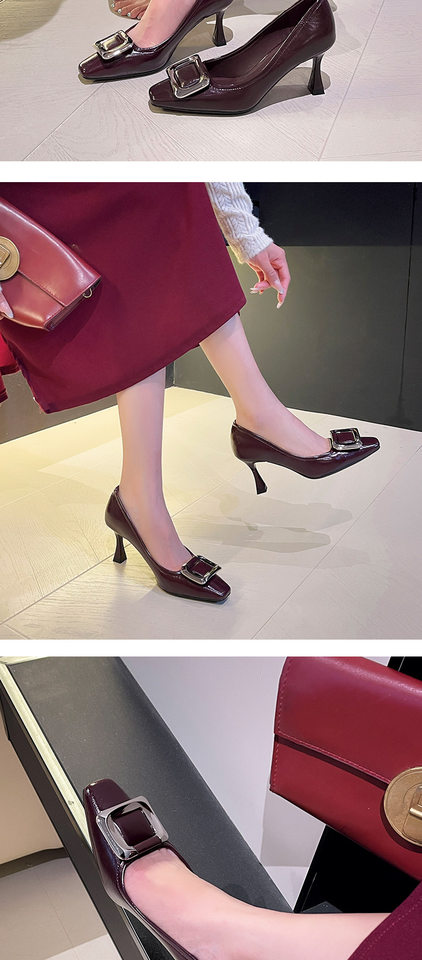 Giày cao gót nữ mũi vuông khóa vuông gót mảnh 6–8 cm — Màu trắng nhạt, Rượu vang đỏ, màu đen chi tiết 11