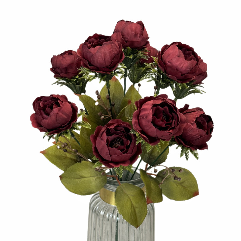 Ramo de peonías artificiales de otoño, decoración para bodas en casa, accesorios de fotografía de rosas hechos a mano, venta al por mayor de flores artificiales.