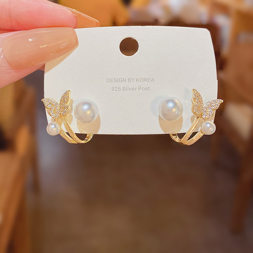 S925 silver needle Korean new butterfly pearl earrings light luxury niche high-end design back-hanging stud earrings