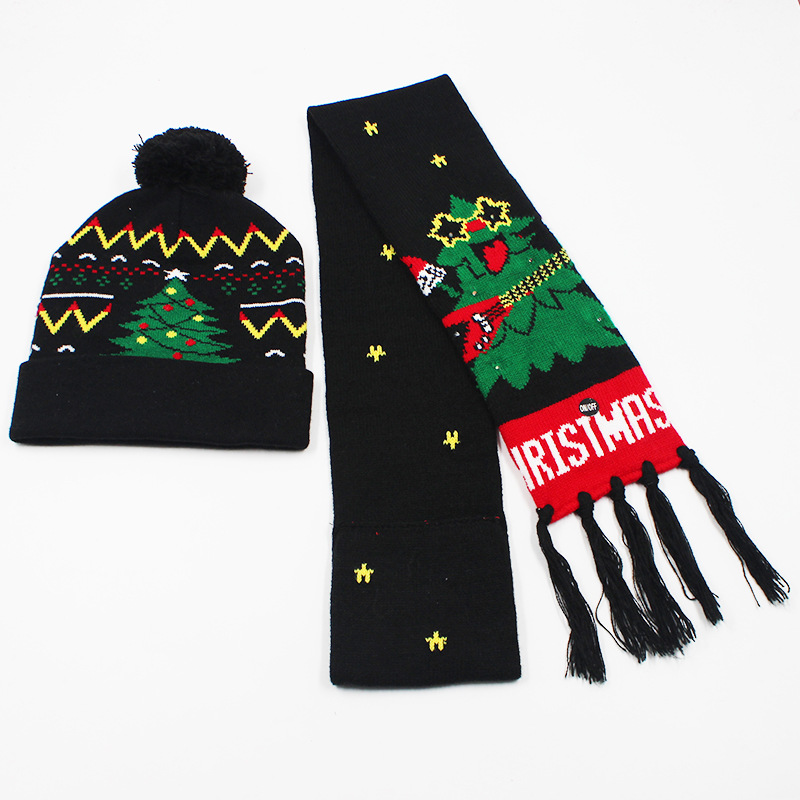 Fabricante transfronterizo de gorros navideños europeos y americanos tejidos en jacquard, gorros navideños de lana con luces LED, gorros navideños con pompón y bufandas. image 59