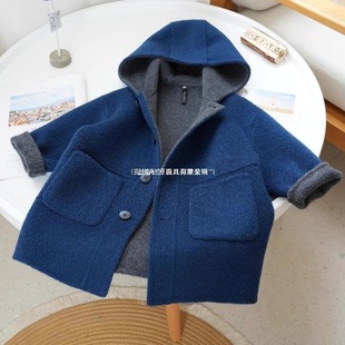 Korean Kidsren's Clothing Autumn and Winter New Blue Hooded Woolen Outwear Kidsren's Style Mid-Length Woolen Outwear