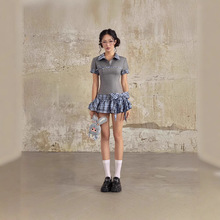 欧美风2025春季新款学院甜妹高级感翻领短袖上衣格子半身裙套装女