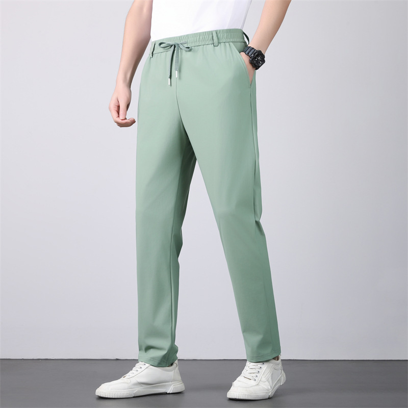 Men's silk summer thin sports elastic quick dry solid color trousers…