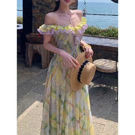 南法花影浪漫印花撞色荷叶边大露背连衣裙度假风仙女长裙