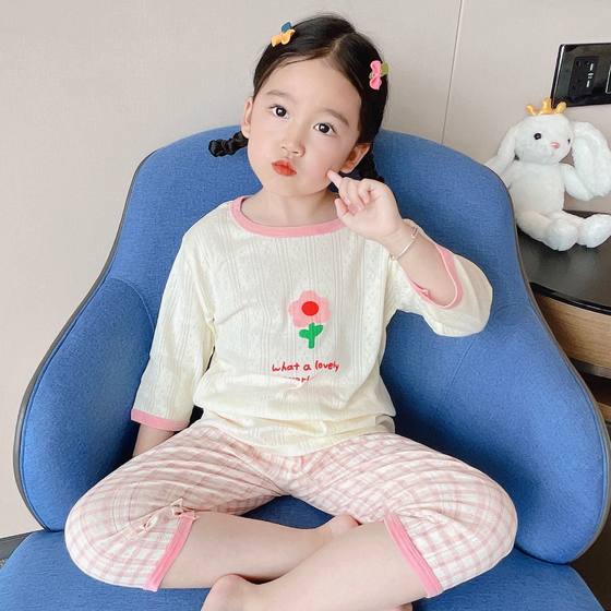 2025 New Children's Pajamas Cotton Summer Thin Boys and Girls Home Clothes suit Seven-sleeve Cartoon Air-conditioning Clothes