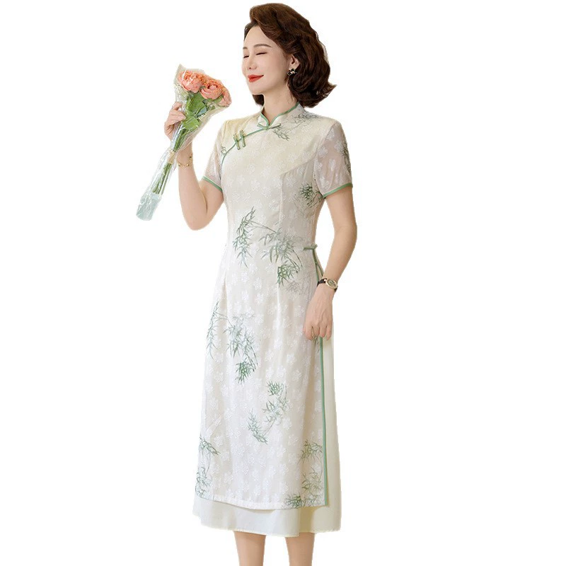 Летнее платье для молодой мамы в китайском стиле, улучшенный чонсам 2025, новинка для женщин среднего и старшего возраста, летняя юбка в китайском стиле.