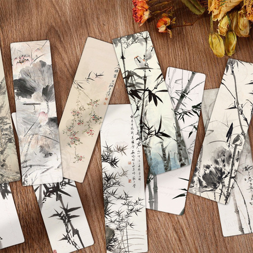 Original 100 Designs of Chinese Ink Wash Painting Bookmarks, 24 Pieces, Student Reading Annotation, High-Quality Cultural and Creative Paper Gift