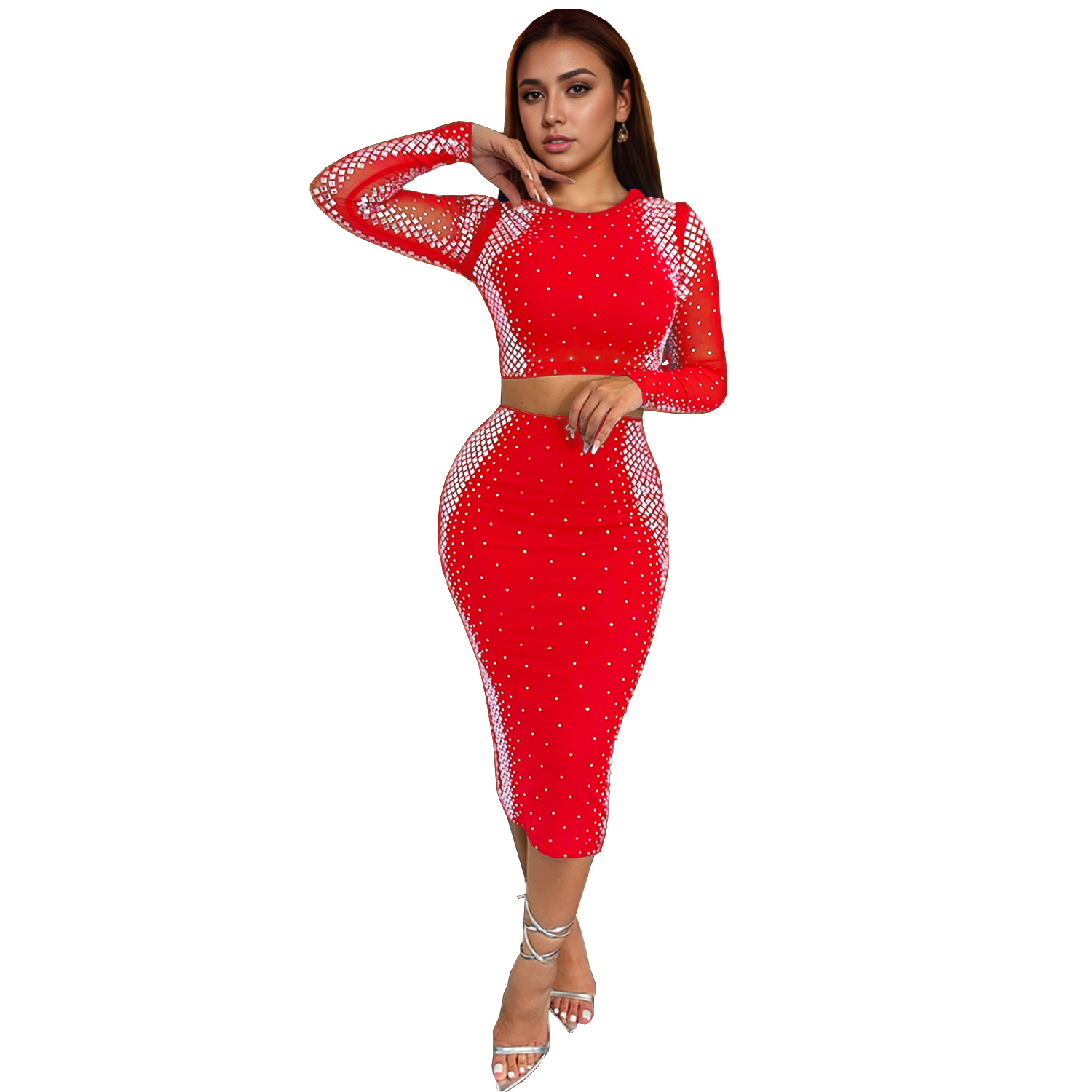 C7100 Aliexpress transfronterizo amazon ropa de moda europea y americana sexy taladro caliente mangas largas falda de dos piezas set
