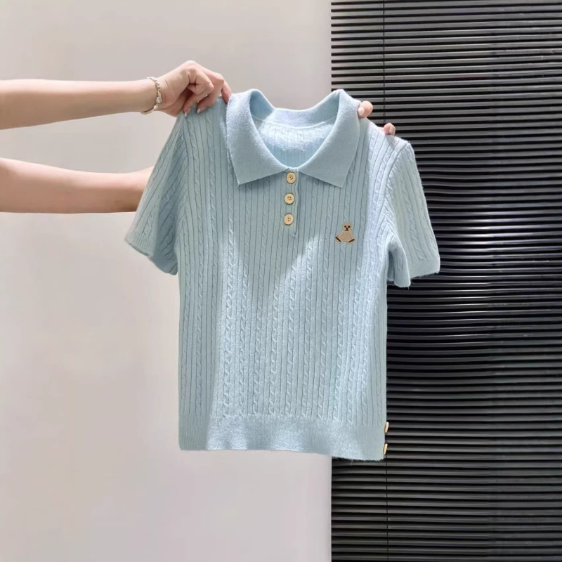 Korean Style Polo Collar Short-Sleeved Knitwear T-Shirt for Women 2026 Summer New Style Embroidered Loose Slimming Knitwear Top Korean Style Polo Collar Short-Sleeved Knitwear T-Shirt for Women 2026 Summer New Style Embroidered Loose Slimming Knitwear Top