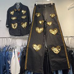 高級ヘビービーズデニムトップシャツ+ラブスパンコール装飾デザインストレートパンツ2点セット