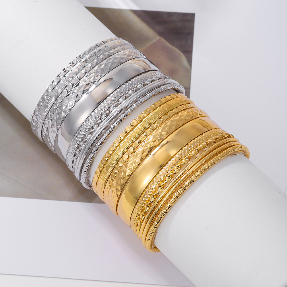 2PCS New Metal for Women's Exaggerated Bohemian Feng Shui Ripple Smooth Face Layered Bracelet Set of 10_voghion.com