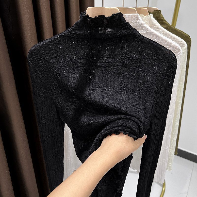 2026 new model half-high collar long-sleeve top with ruffled collar and lace, women's spring and autumn stylish slim-fit inner layer 2026 new model half-high collar long-sleeve top with ruffled collar and lace, women's spring and autumn stylish slim-fit inner layer