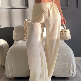 Women's High-Waisted Wide-Leg Linen-Look Pants With Rhinestone Detail | Loose Fit Summer Casual Trousers_ecoleips.com