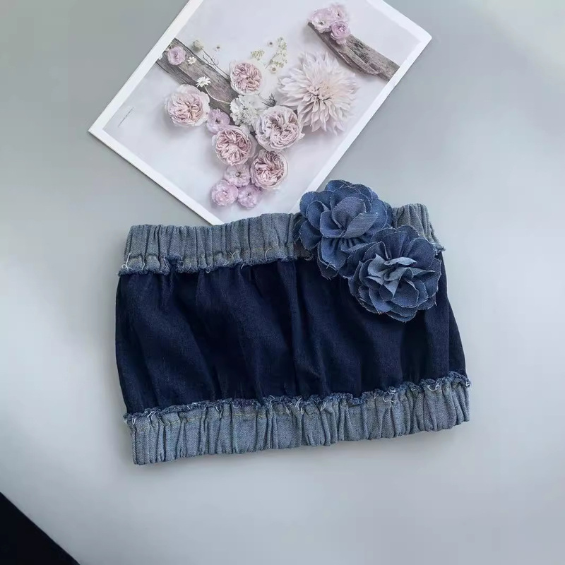 Spice Girl Niche Designer Denim Tube Top Three-Dimensional Flower American Style Retro Punk Style Strapless Vest