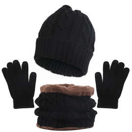 跨境欧美成人帽子围巾手套三件套秋冬新款加厚男女针织毛线帽