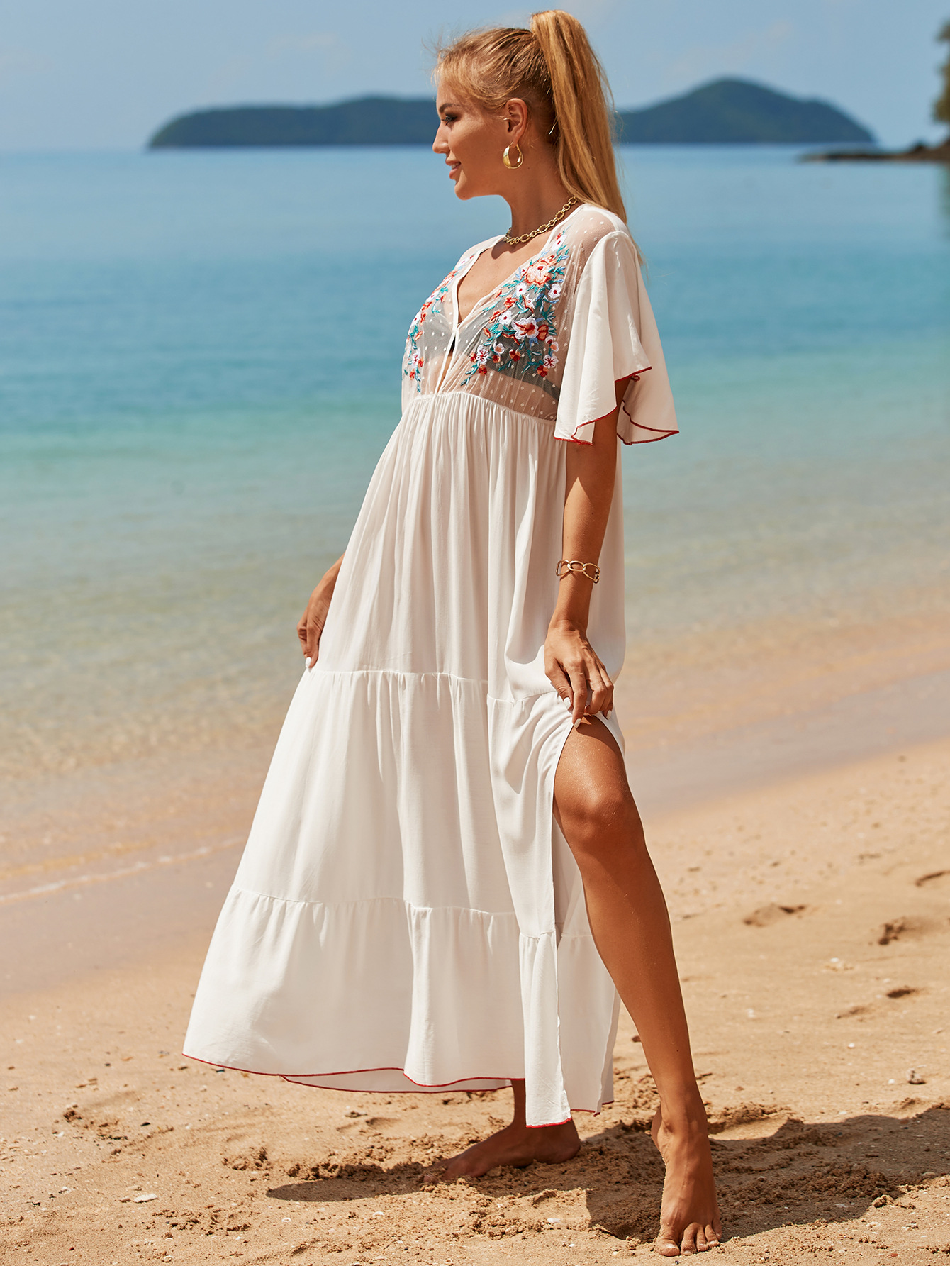 Fashion Style New Style White Rayon Embroidered Beach  Loose Vacation Long Dress