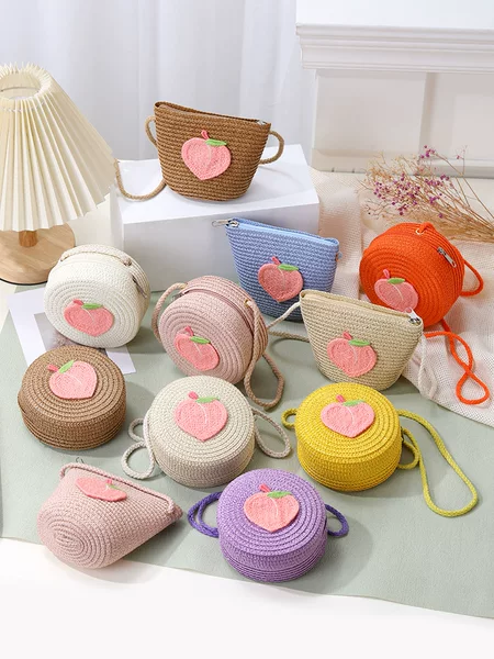 Summer Straw Bag Woven Bag Crossbody 2025 New Style Little Girl's Seaside Bag Girl's Cute Peach Straw Bag