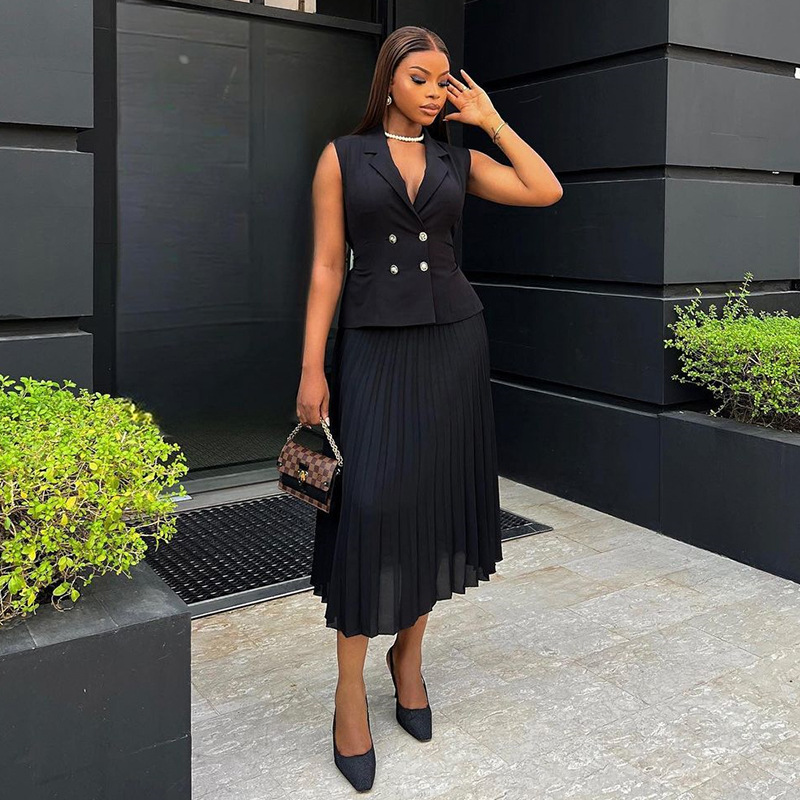 V Neck Neckline Business Women's Formal Solid Color Polyester Button Skirt Co-ord Set Skirt Sets