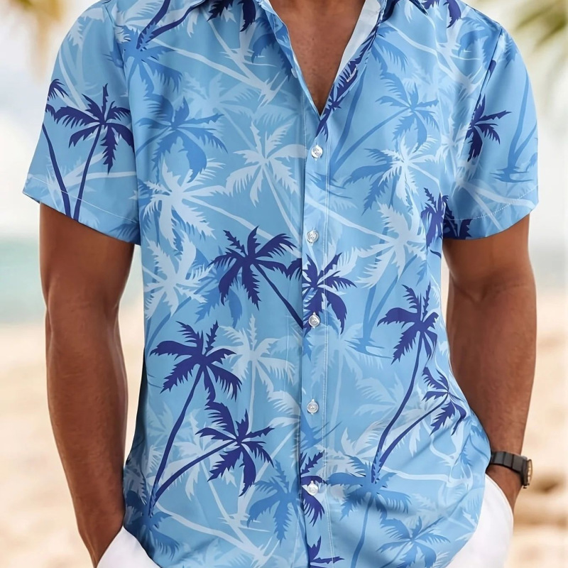 New Men's Palm Tree Print Hawaiian Shirt Tropical Beach Aloha Shirt Casual Short-Sleeved Button-Down Summer Shirt