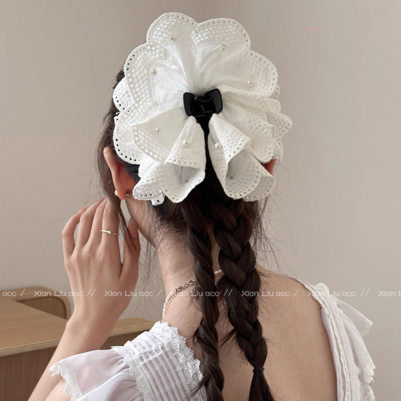 法式温柔风白色花朵蕾丝抓夹女2025新款高级感后脑勺半扎发夹头饰|undefined