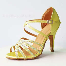欧美跨境黄色拉丁舞鞋女水钻室内舞会派对跳舞鞋专业软底舞蹈凉鞋