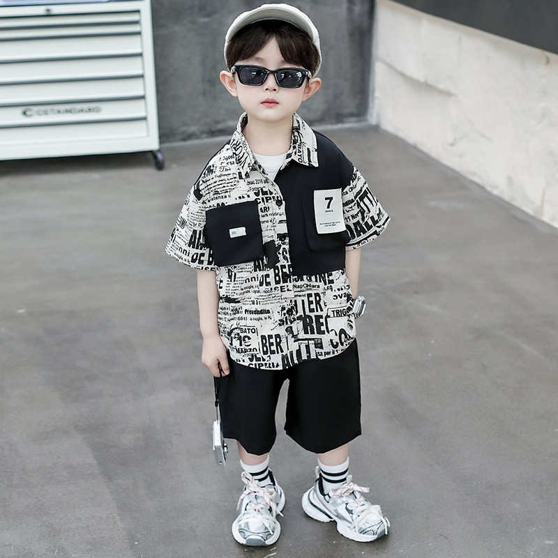 男の子夏半袖カラーシャツスーツ2025新作小中型子供夏子供パンツ男の子2点セット|undefined