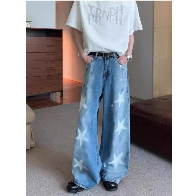 【Celebrity Style】Unisex Vintage Paint Graffiti Star Straight Loose Jeans Casual Versatile Pants