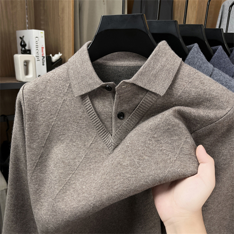 Fake Two-Piece Sweater Winter New Imitation Wool Men's Lapel Thickeneded Warm Business Casual Knitted Bottoming Shirt for Men