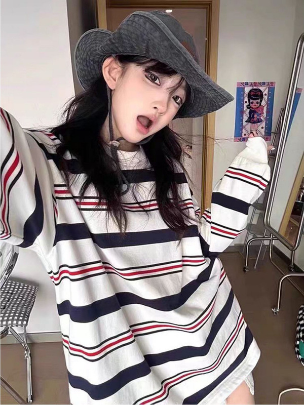 条纹长袖T恤女 美式复古高街慵懒风春秋新款宽松休闲学生百搭上衣|undefined