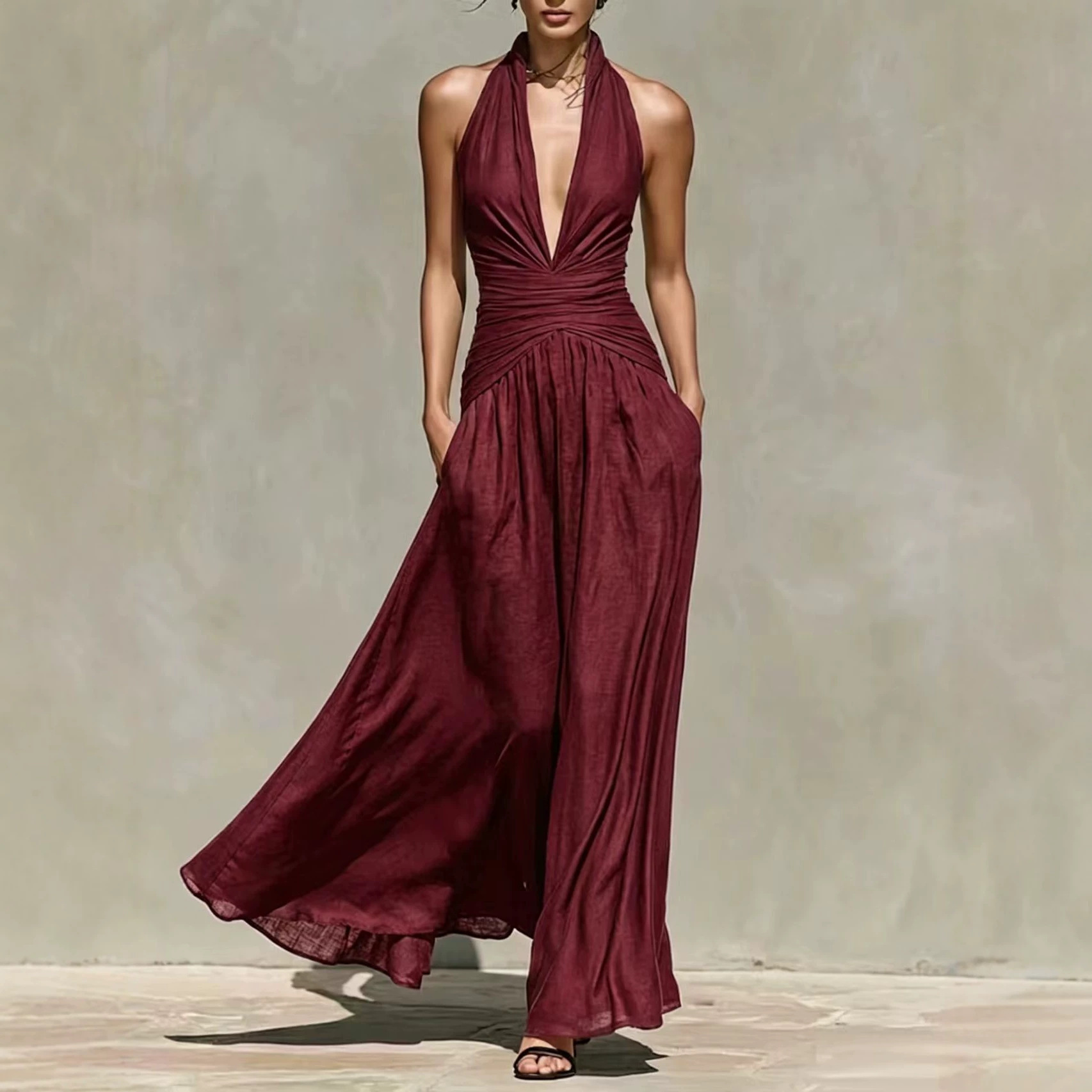 Comercio exterior exclusivo para Europa y América sexy cuello profundo vestido de cuello en V cintura delgada vestido de vacaciones largo sin mangas