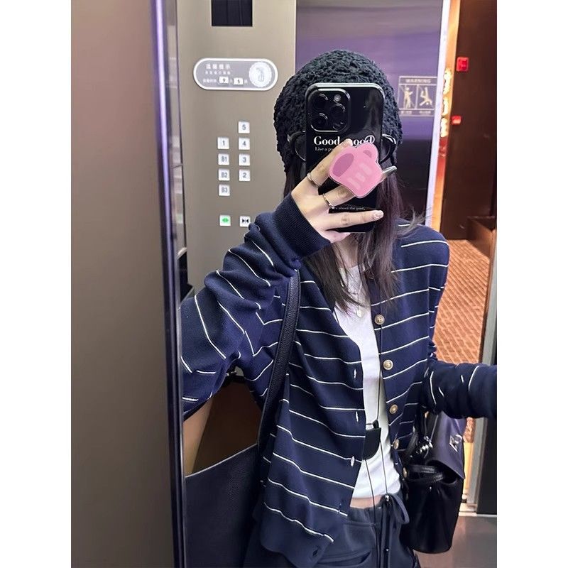 Coriander Non-Spicy Xiangcai Color-Blocked Stripesd Knitted Cardigan Women's New Summer Thin Casual Top
