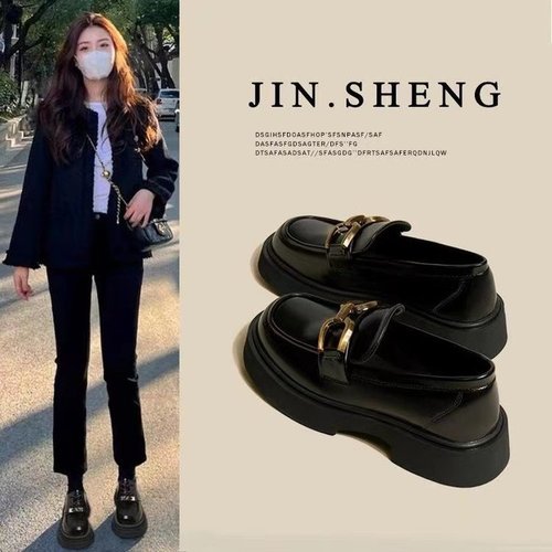 British style small leather shoes for women  spring and autumn new soft leather women's shoes thick sole black leather loafers